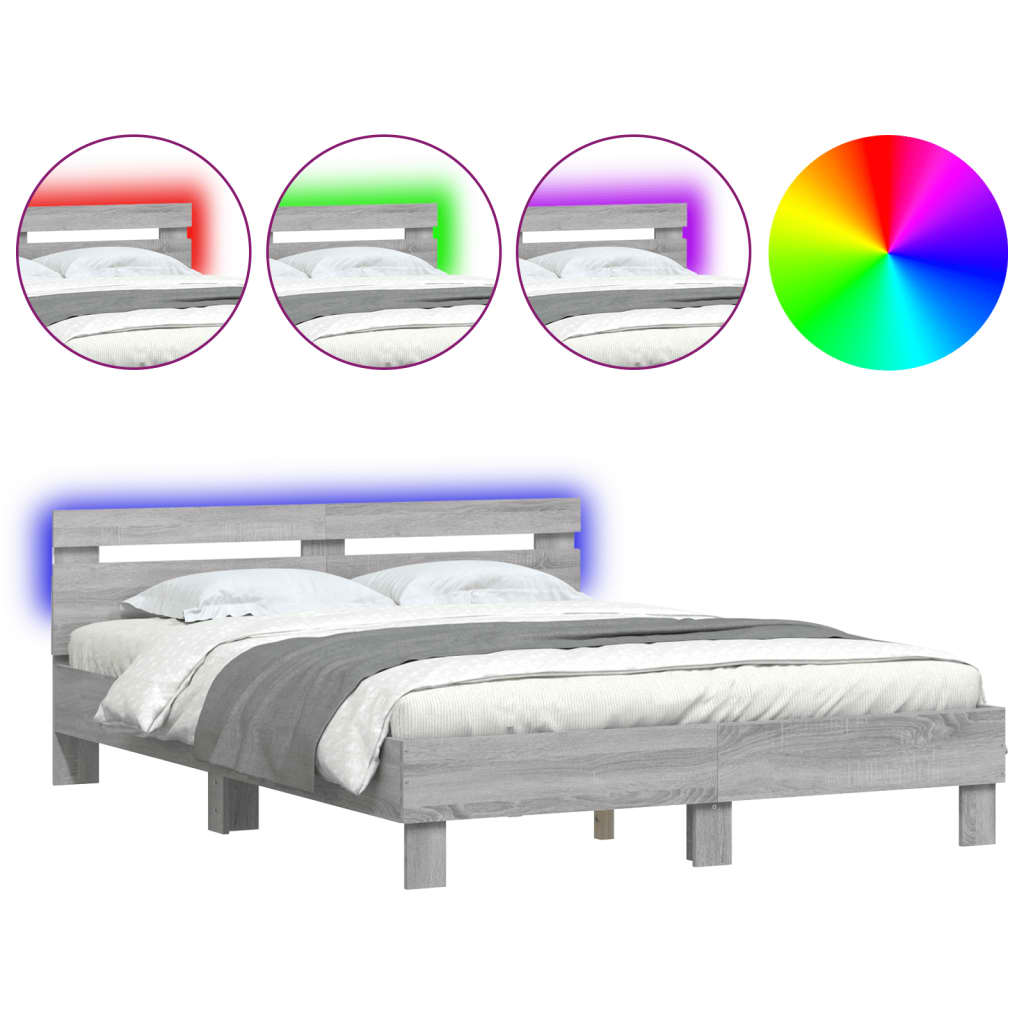 vidaXL Estructura de cama cabecero y luces LED gris Sonoma 140x200 cm