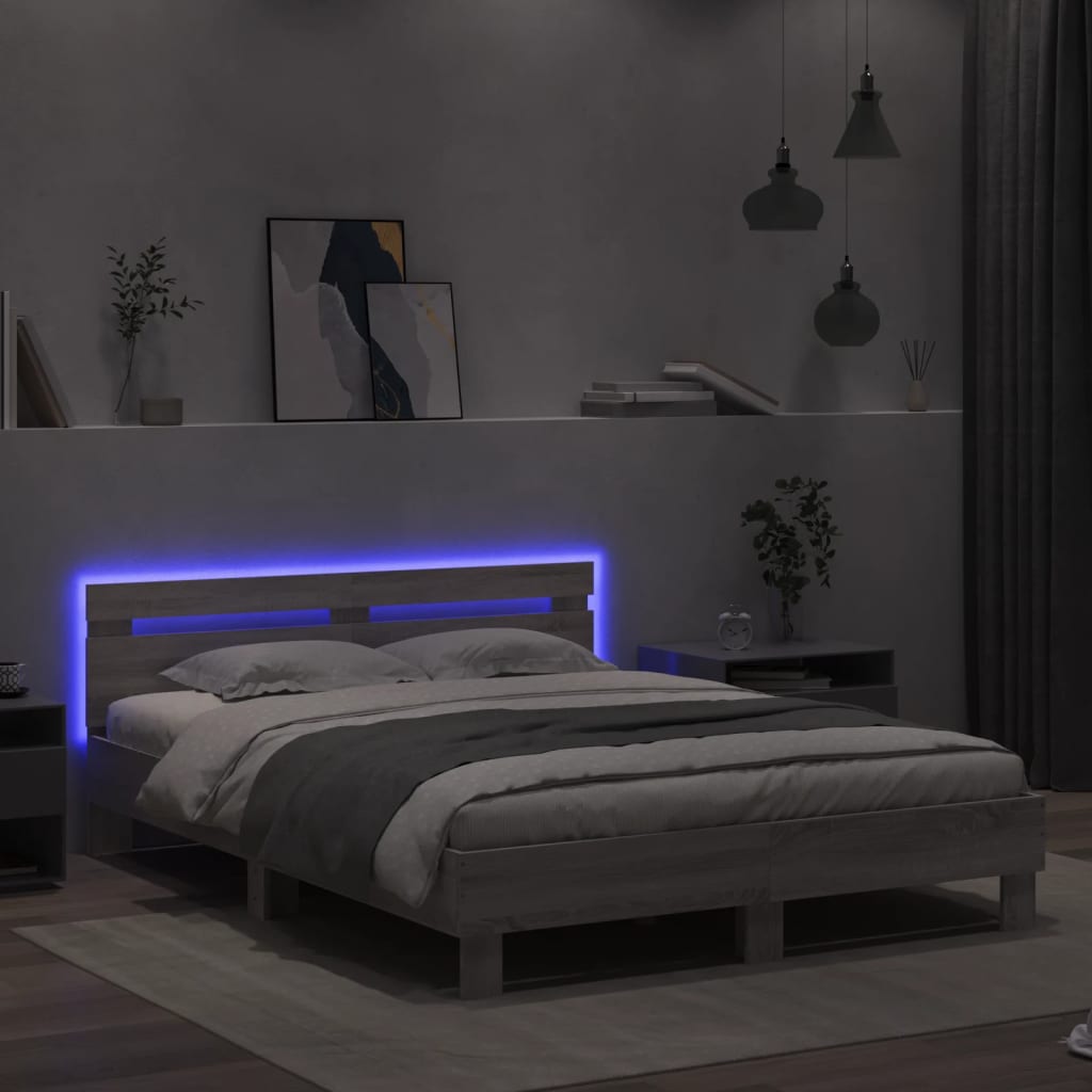 vidaXL Estructura de cama cabecero y luces LED gris Sonoma 140x200 cm