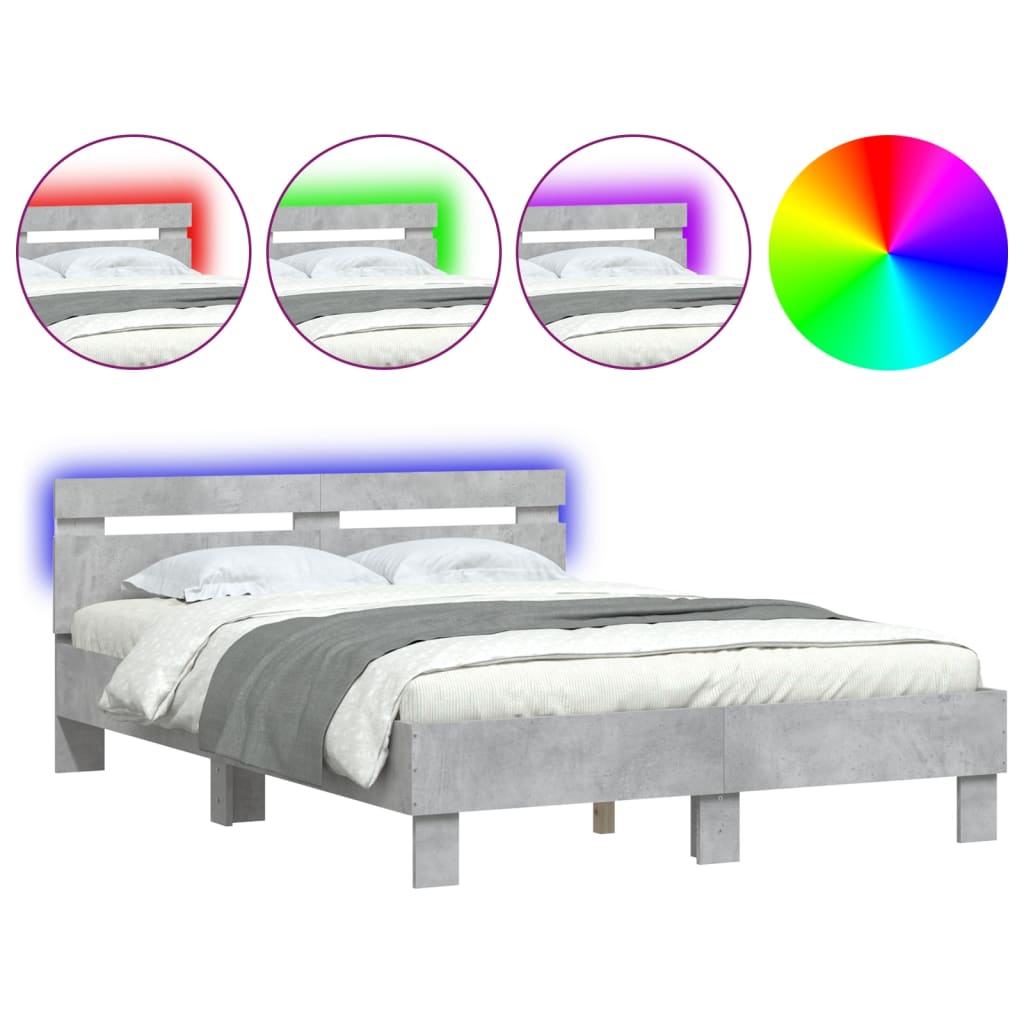 vidaXL Estructura de cama cabecero y luces LED gris hormigón 120x200cm