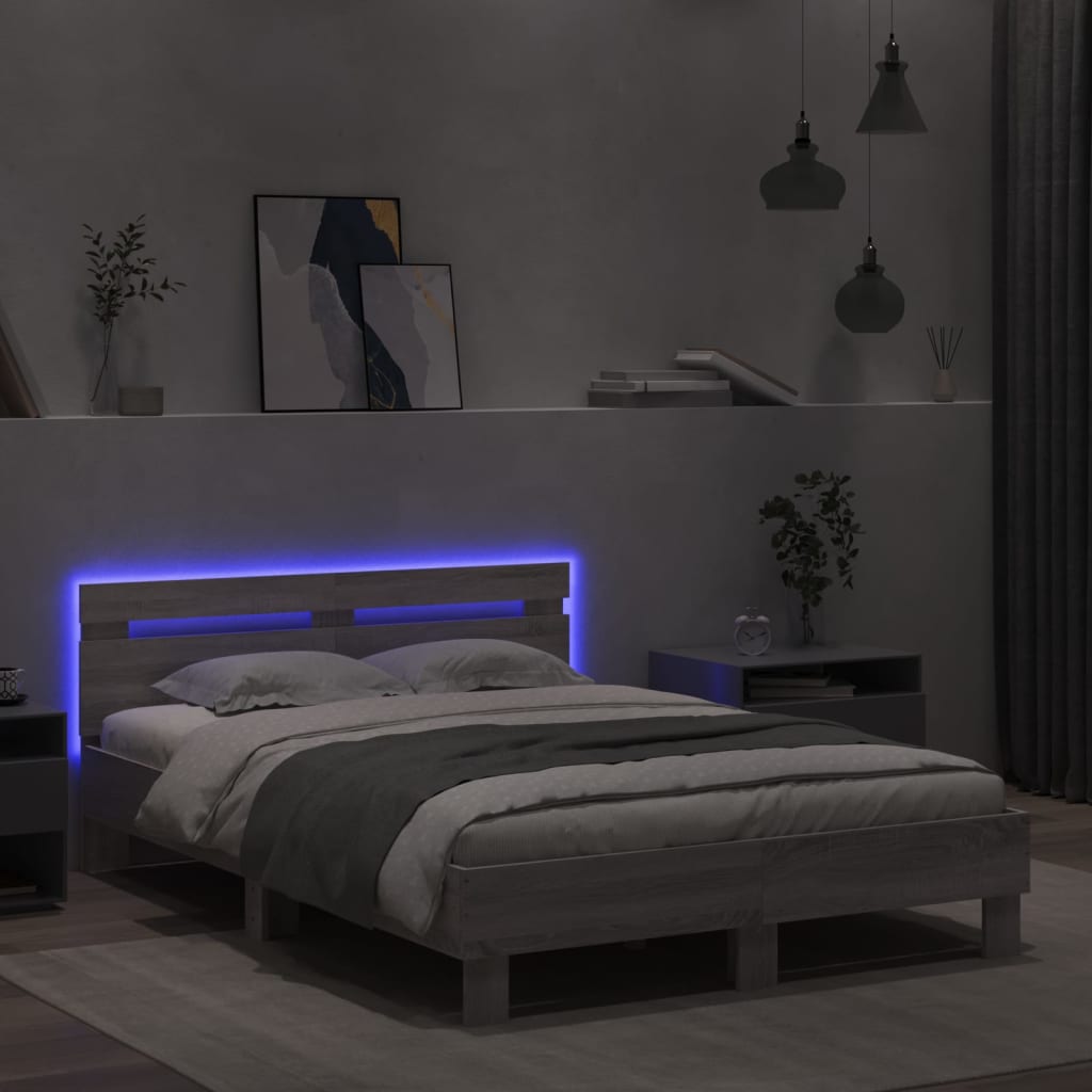 vidaXL Estructura de cama cabecero y luces LED gris Sonoma 120x200 cm