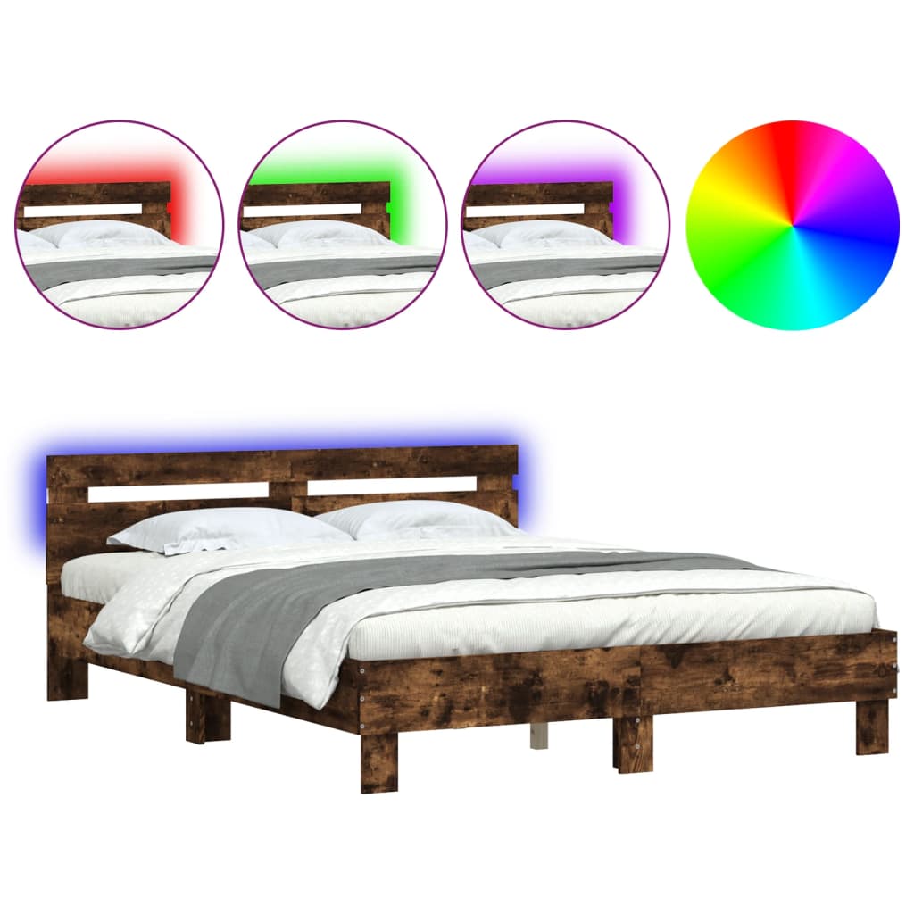 vidaXL Estructura de cama cabecero y luces LED roble ahumado 140x190cm