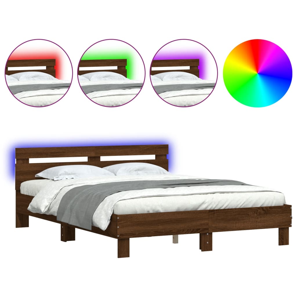 vidaXL Estructura de cama cabecero y luces LED marrón roble 140x190 cm