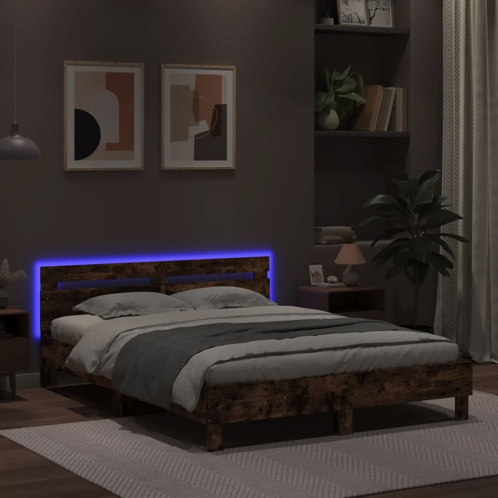 vidaXL Estructura de cama cabecero y luces LED marrón roble 140x190 cm