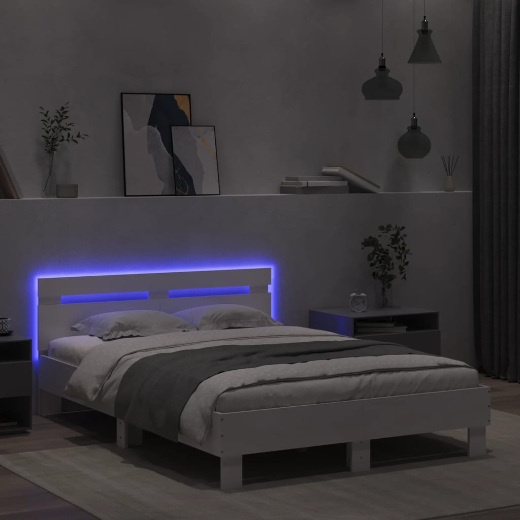 vidaXL Estructura de cama con cabecero y luces LED blanco 135x190 cm