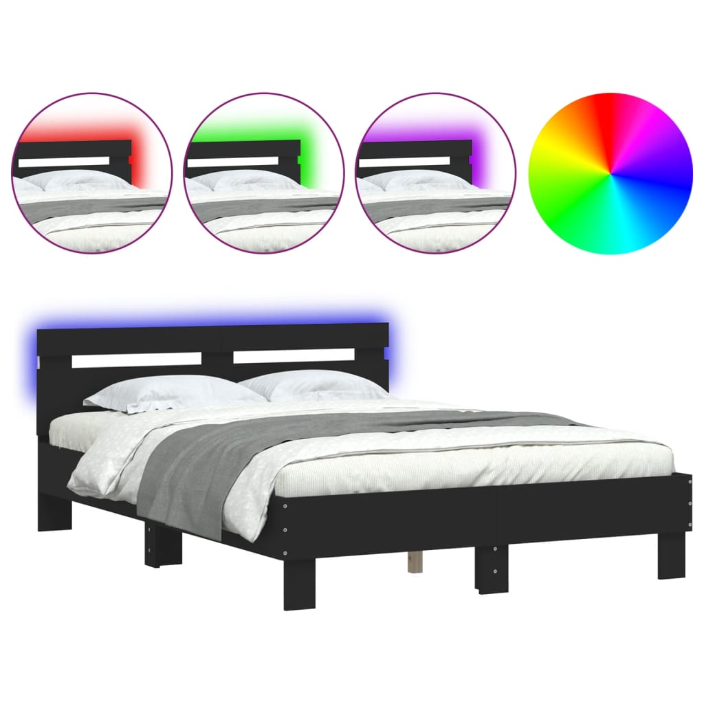 vidaXL Estructura de cama con cabecero y luces LED negro 135x190 cm