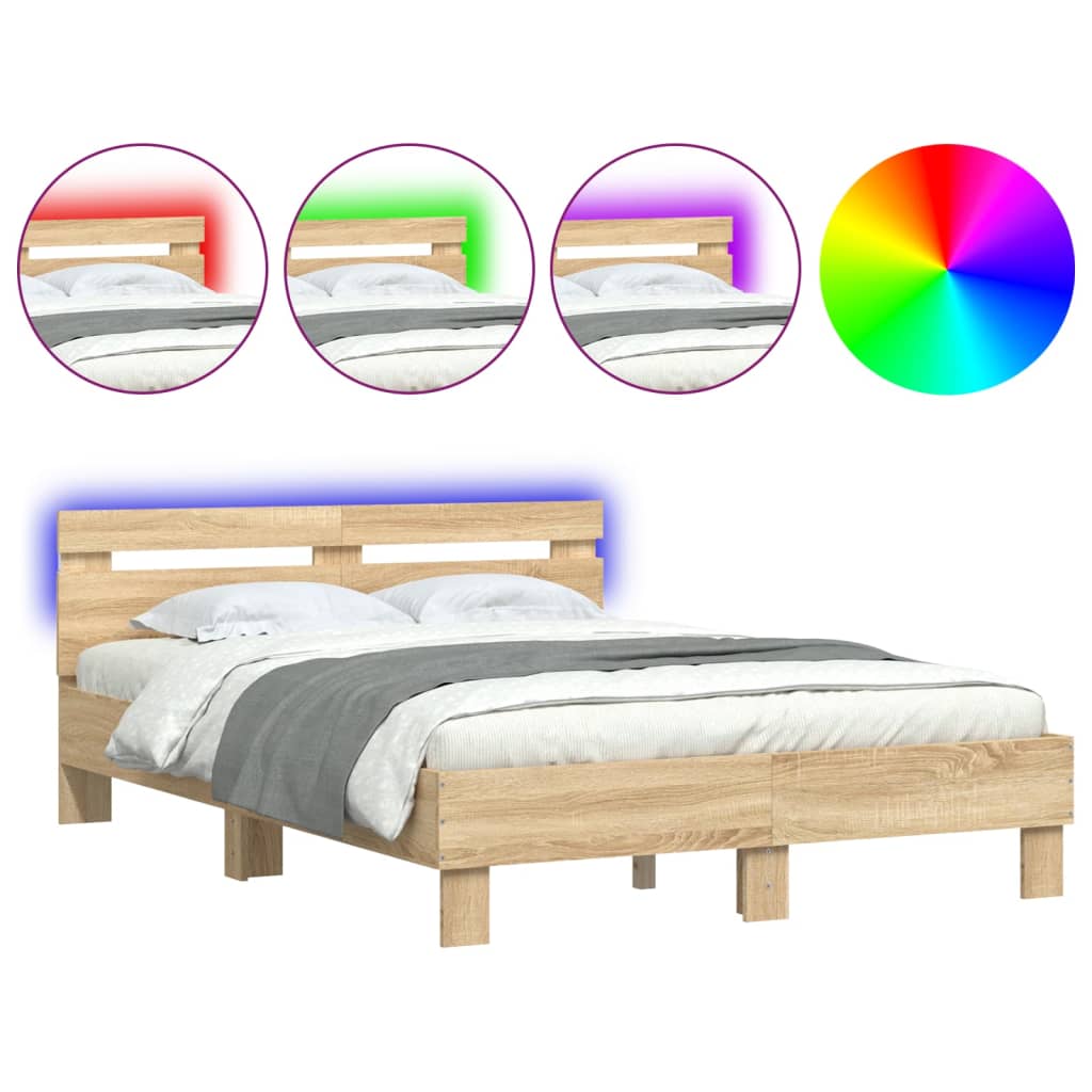 vidaXL Estructura de cama cabecero y luces LED roble Sonoma 135x190 cm