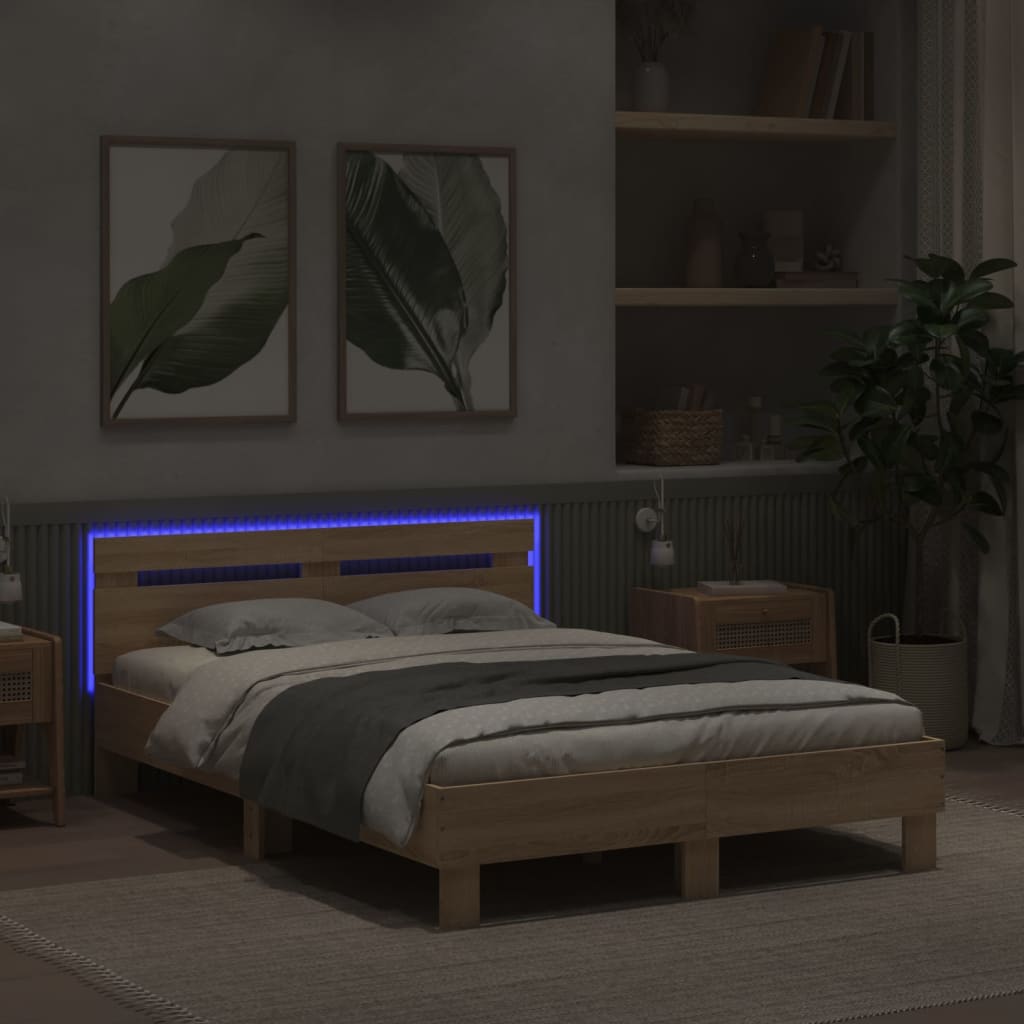 vidaXL Estructura de cama cabecero y luces LED roble Sonoma 135x190 cm