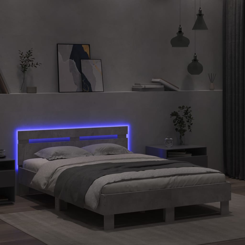 vidaXL Estructura de cama cabecero y luces LED gris hormigón 135x190cm