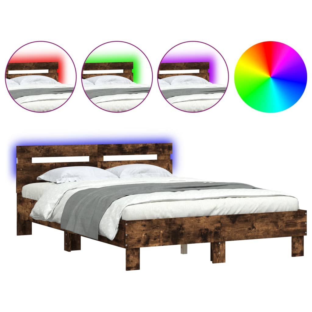 vidaXL Estructura de cama cabecero y luces LED roble ahumado 135x190cm