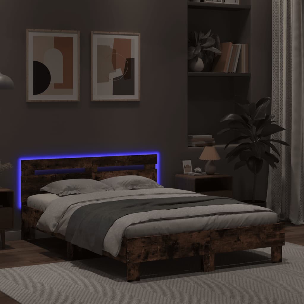 vidaXL Estructura de cama cabecero y luces LED roble ahumado 135x190cm