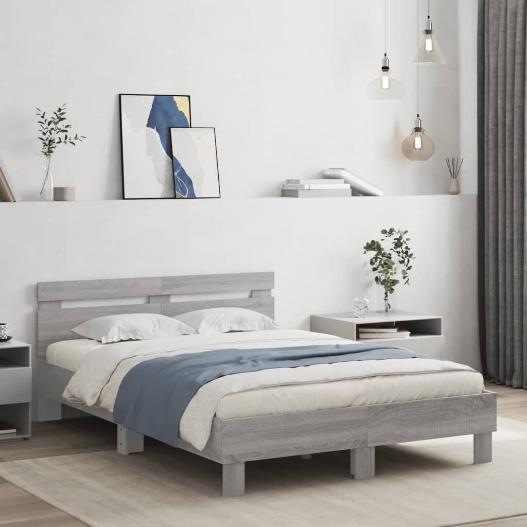 vidaXL Estructura de cama cabecero y luces LED gris Sonoma 135x190 cm