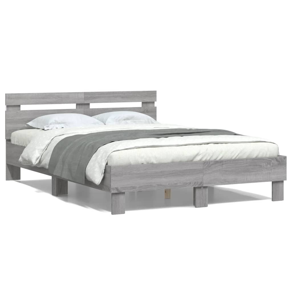 vidaXL Estructura de cama cabecero y luces LED gris Sonoma 135x190 cm