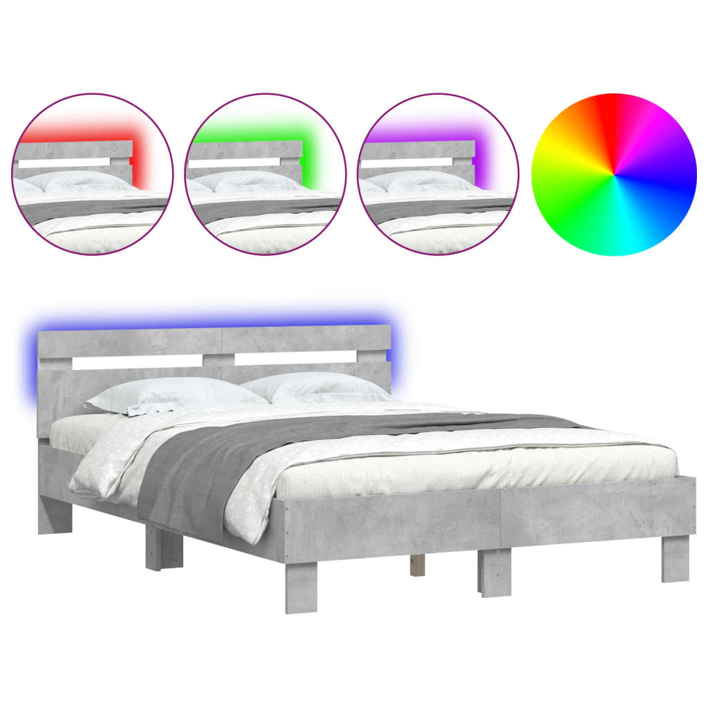 vidaXL Estructura de cama cabecero y luces LED gris hormigón 120x190cm