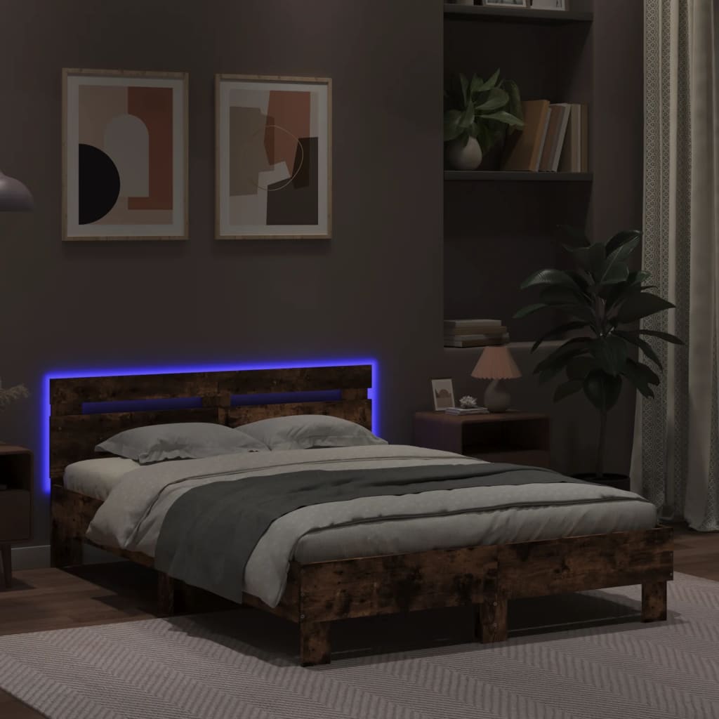 vidaXL Estructura de cama cabecero y luces LED roble ahumado 120x190cm