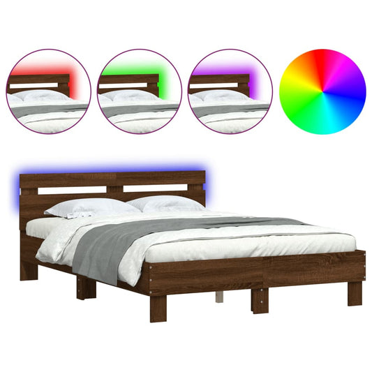 vidaXL Estructura de cama cabecero y luces LED marrón roble 120x190 cm