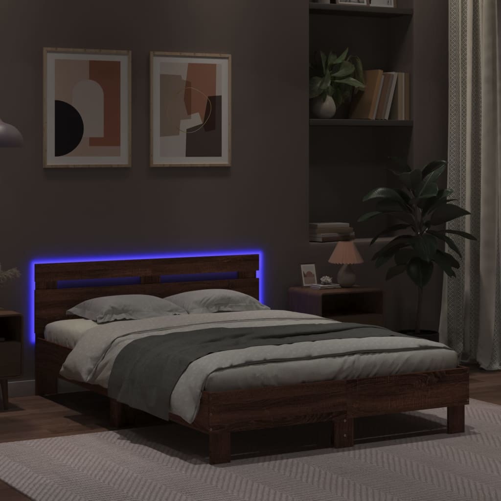 vidaXL Estructura de cama cabecero y luces LED marrón roble 120x190 cm