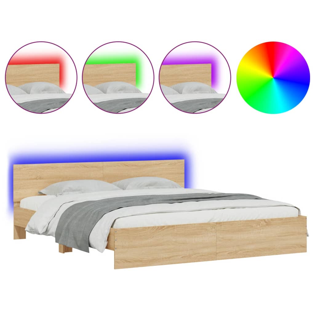 vidaXL Estructura de cama cabecero y luces LED roble Sonoma 200x200 cm