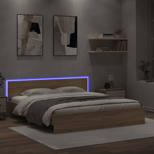 vidaXL Estructura de cama cabecero y luces LED roble Sonoma 200x200 cm