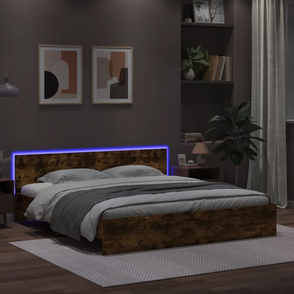 vidaXL Estructura de cama cabecero y luces LED roble ahumado 200x200cm