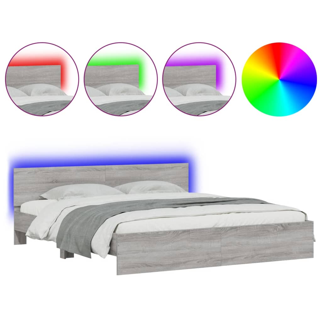 vidaXL Estructura de cama cabecero y luces LED gris Sonoma 200x200 cm