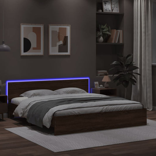 vidaXL Estructura de cama cabecero y luces LED marrón roble 200x200 cm