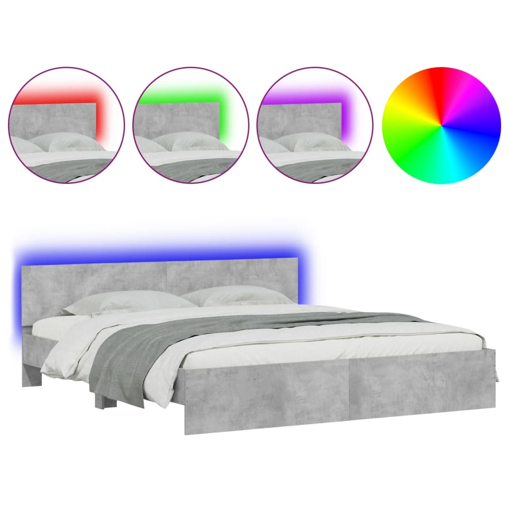 vidaXL Estructura de cama cabecero y luces LED gris hormigón 180x200cm