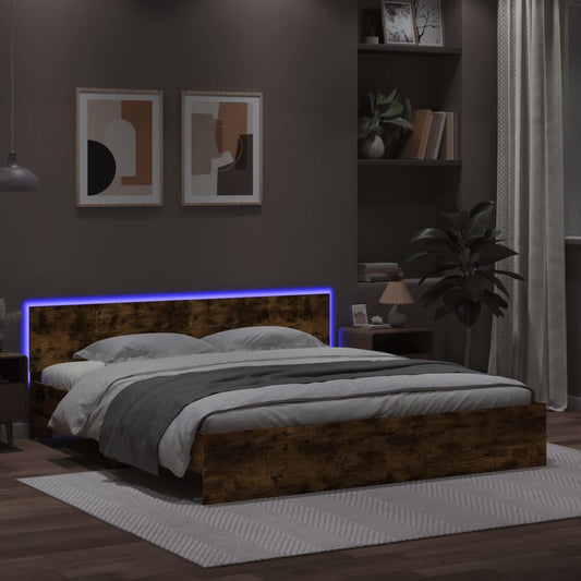 vidaXL Estructura de cama cabecero y luces LED roble ahumado 180x200cm