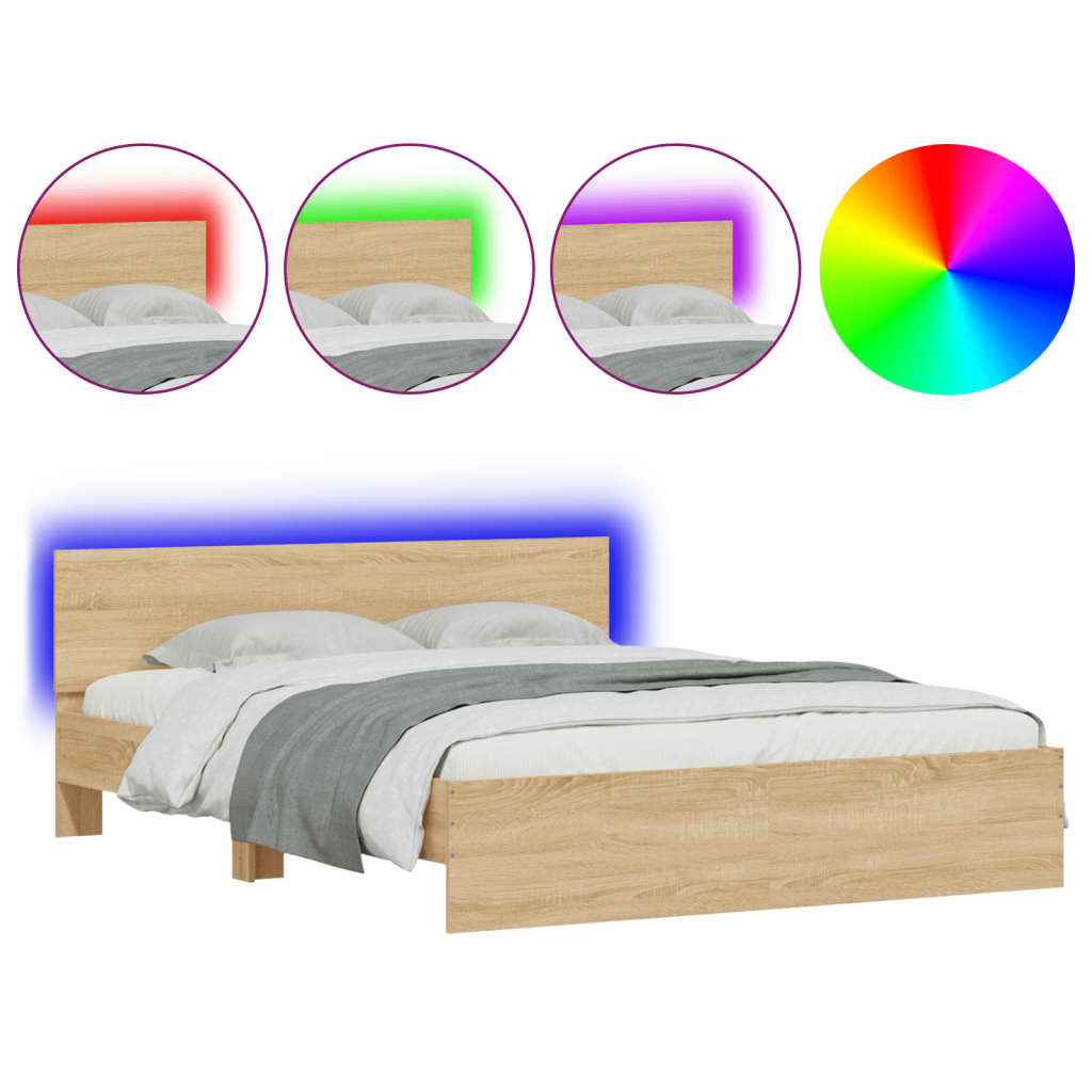 vidaXL Estructura de cama cabecero y luces LED roble Sonoma 160x200 cm