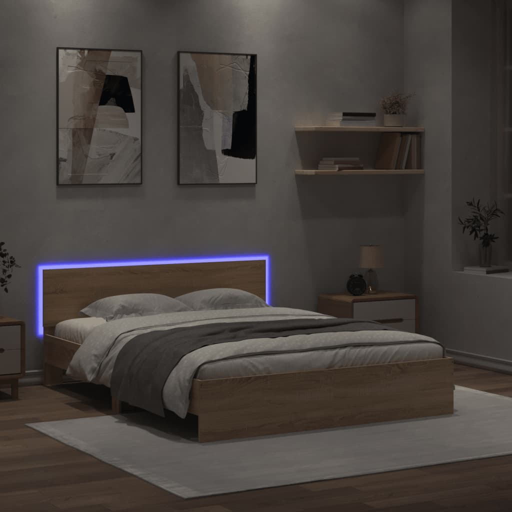 vidaXL Estructura de cama cabecero y luces LED roble Sonoma 160x200 cm