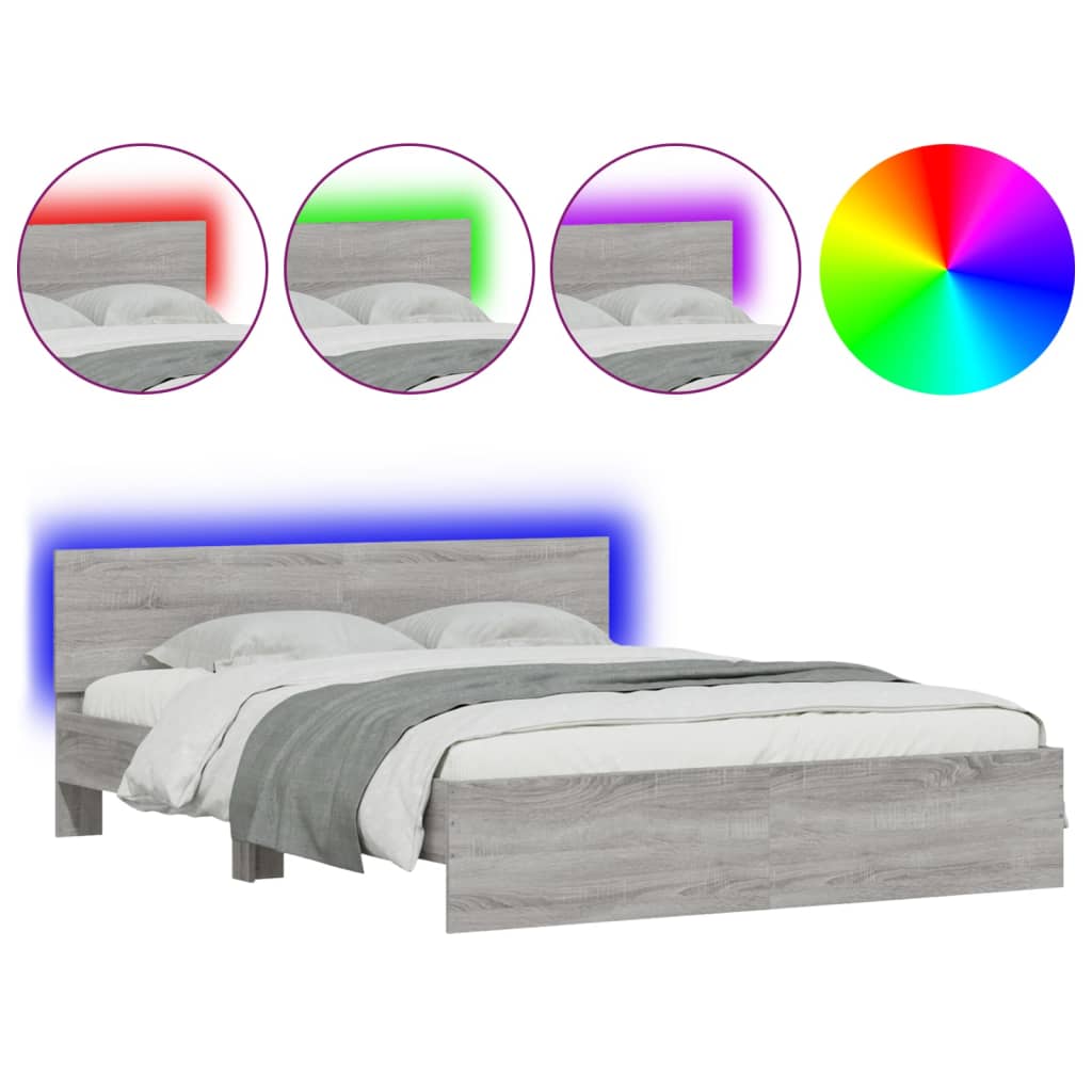 vidaXL Estructura de cama cabecero y luces LED gris Sonoma 160x200 cm