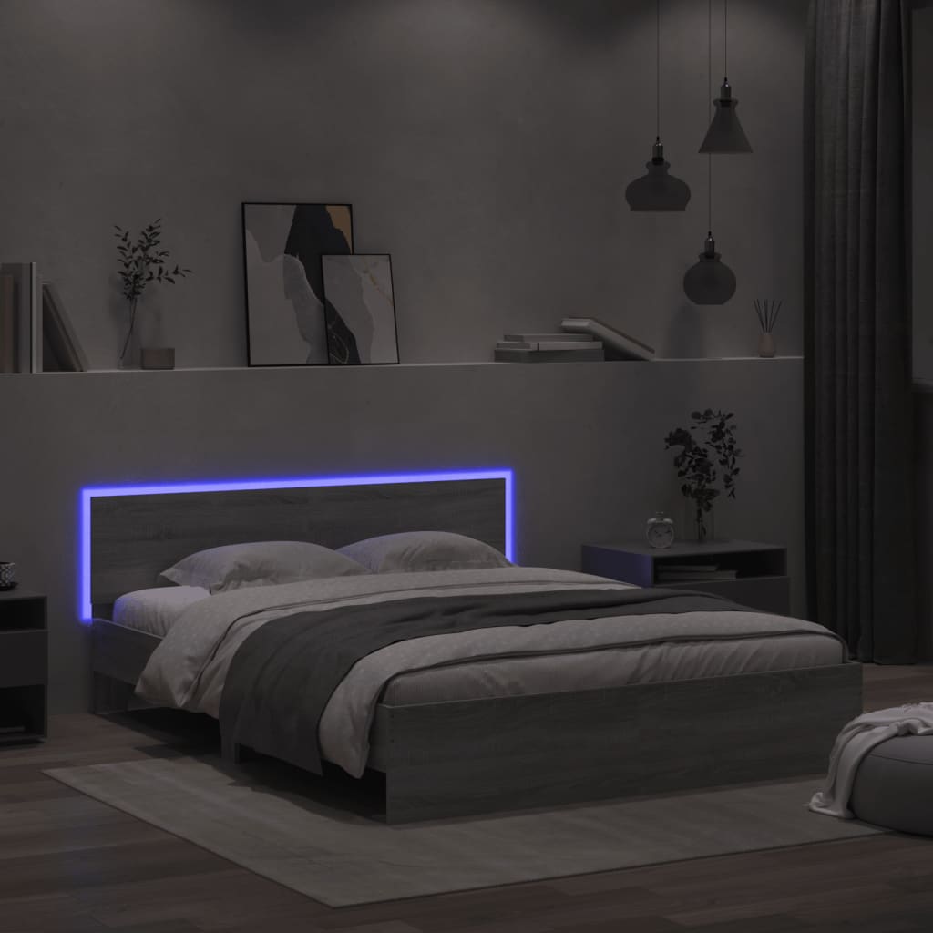 vidaXL Estructura de cama cabecero y luces LED gris Sonoma 160x200 cm