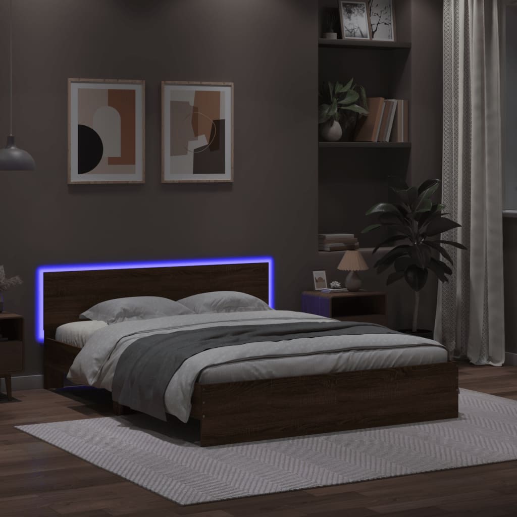 vidaXL Estructura de cama cabecero y luces LED marrón roble 160x200 cm