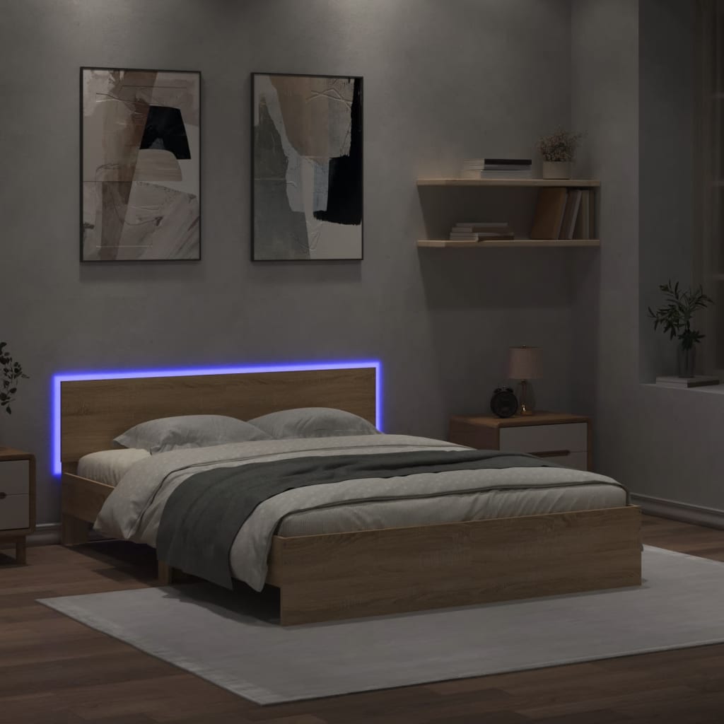 vidaXL Estructura de cama cabecero y luces LED roble Sonoma 150x200 cm