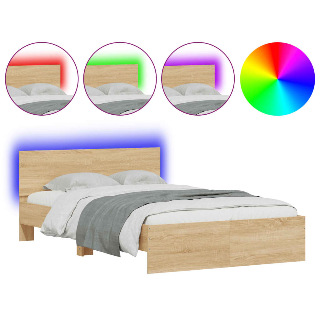 vidaXL Estructura de cama cabecero y luces LED roble Sonoma 135x190 cm