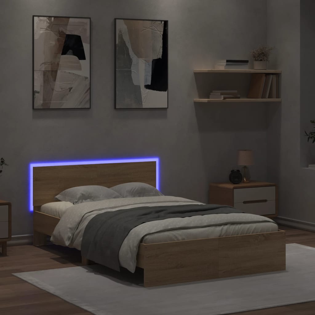 vidaXL Estructura de cama cabecero y luces LED roble Sonoma 135x190 cm