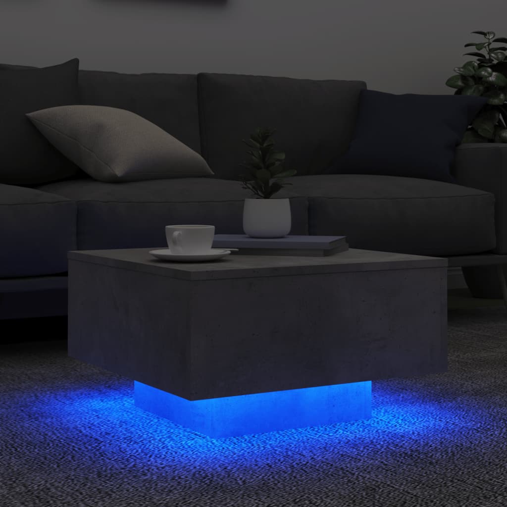 vidaXL Mesa de centro con luces LED gris hormigón 55x55x31 cm