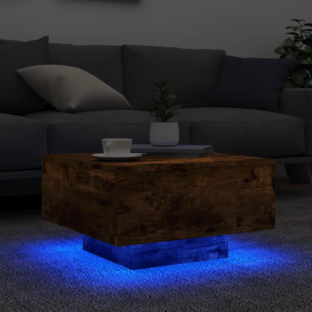 vidaXL Mesa de centro con luces LED roble ahumado 55x55x31 cm