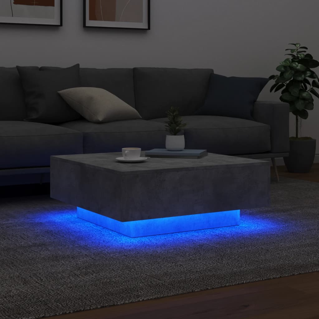 vidaXL Mesa de centro con luces LED gris hormigón 80x80x31 cm