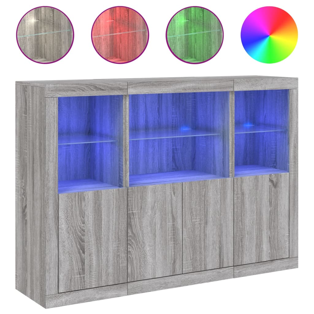 vidaXL Aparador con luz LED 3 pzas madera de ingeniería gris Sonoma