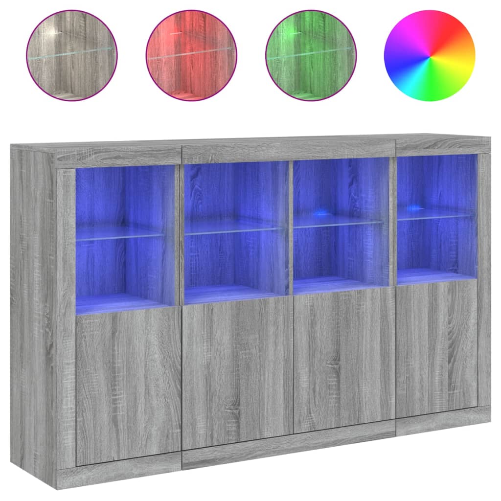 vidaXL Aparador con luz LED 3 pzas madera de ingeniería gris Sonoma