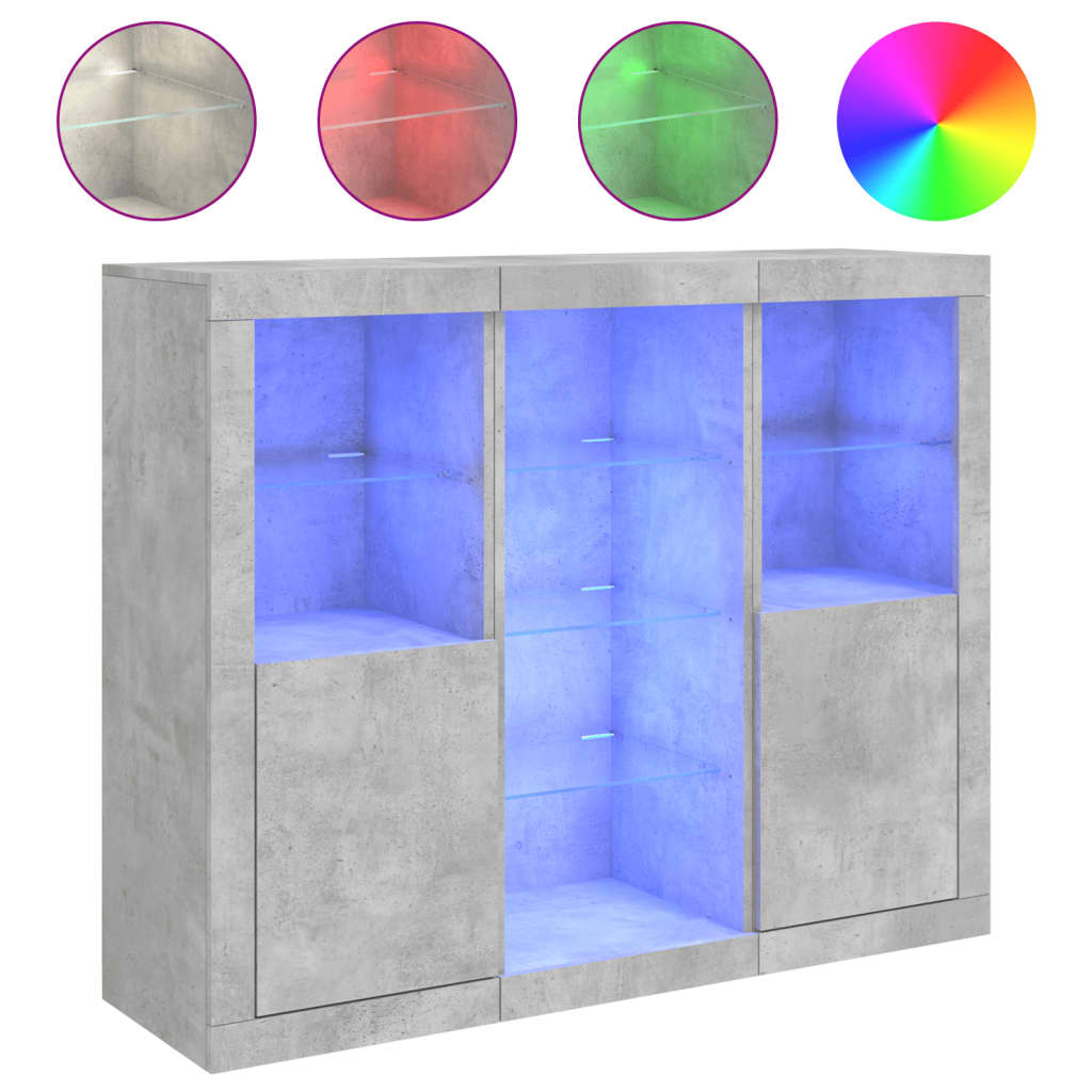 vidaXL Aparador con luz LED 3 pzas madera de ingeniería gris hormigón