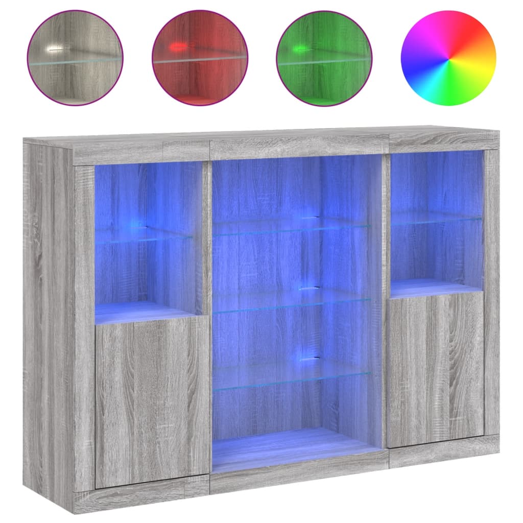 vidaXL Aparador con luz LED 3 pzas madera de ingeniería gris Sonoma