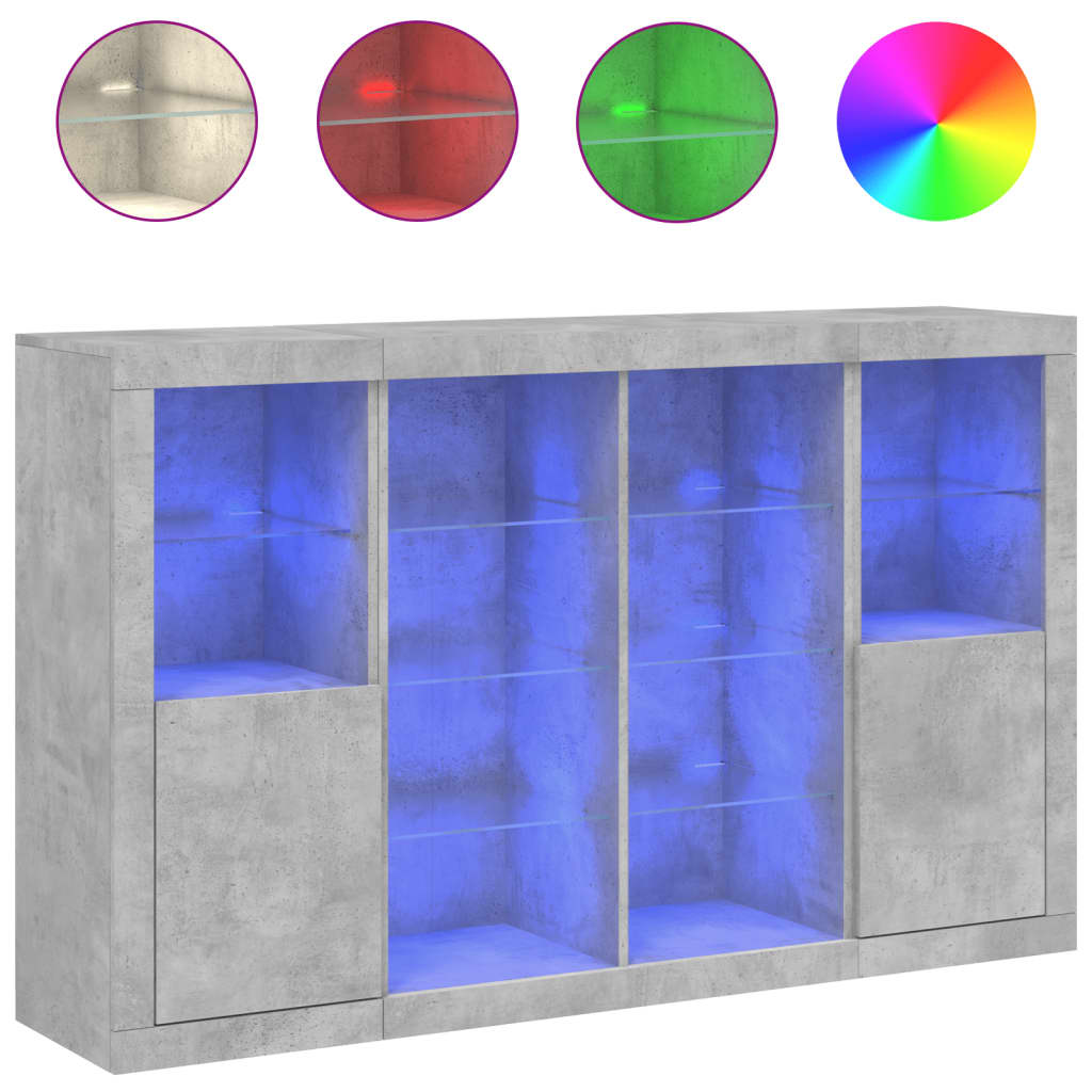 vidaXL Aparador con luz LED 3 pzas madera de ingeniería gris hormigón