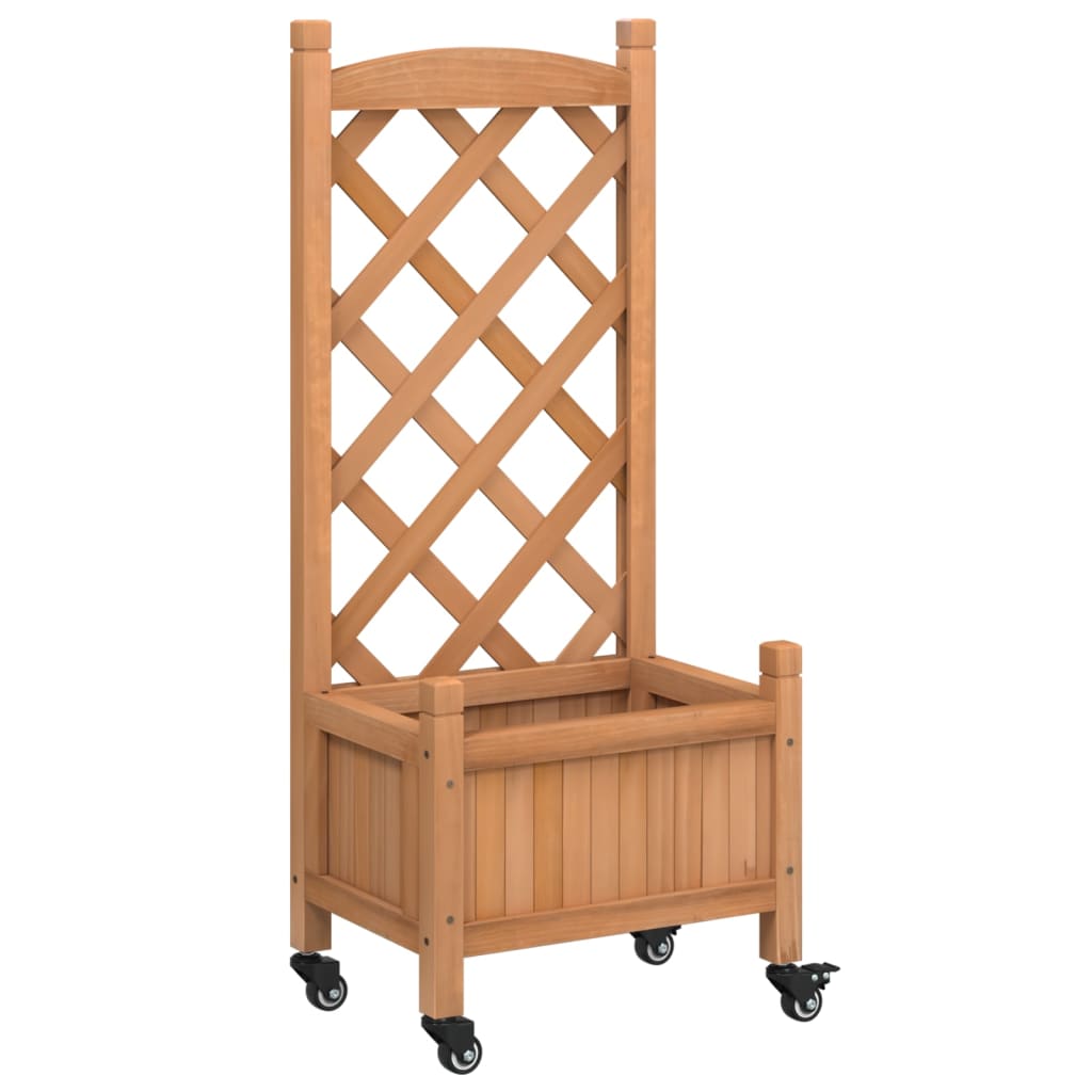 vidaXL Jardinera con enrejado y ruedas madera maciza de abeto marrón