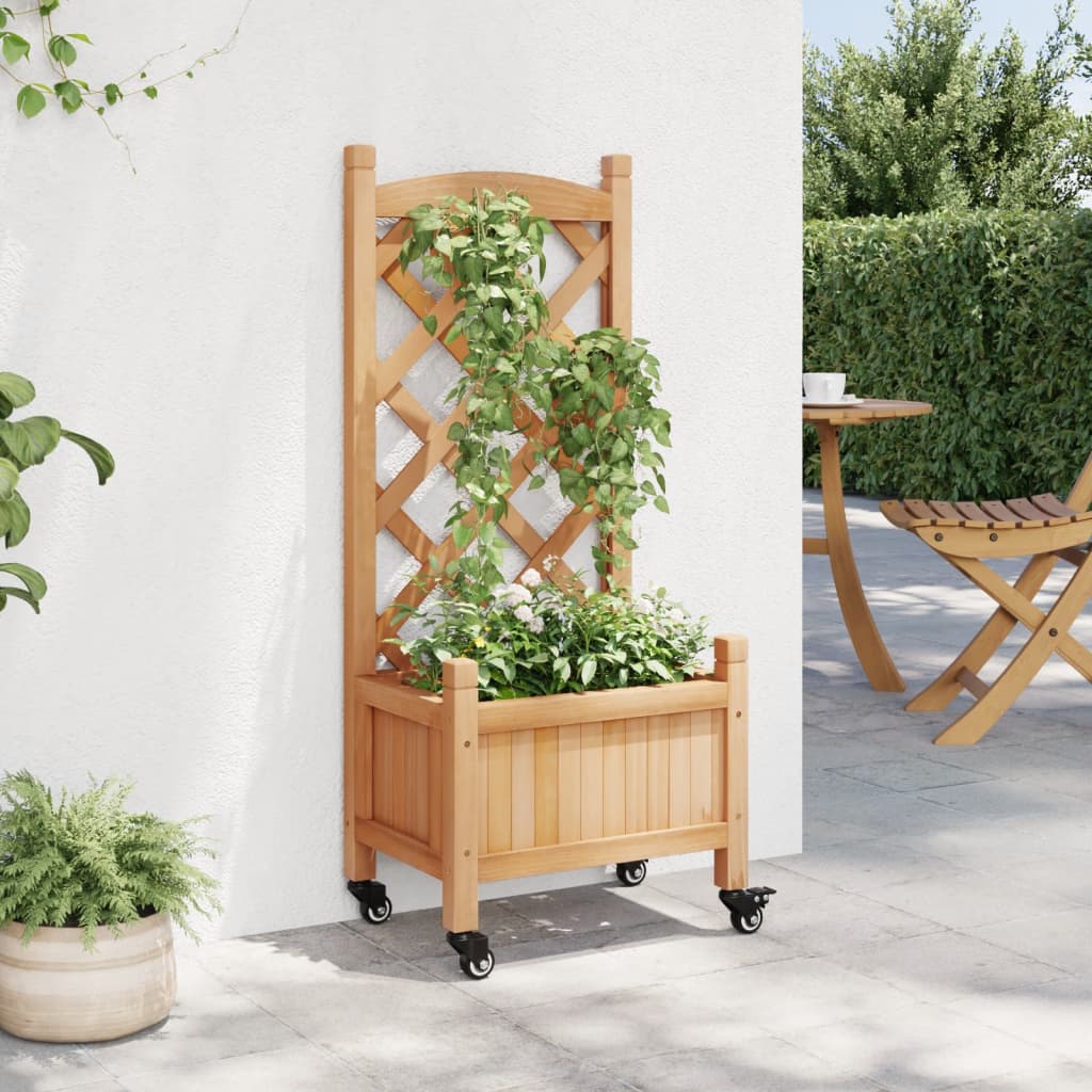 vidaXL Jardinera con enrejado y ruedas madera maciza de abeto marrón