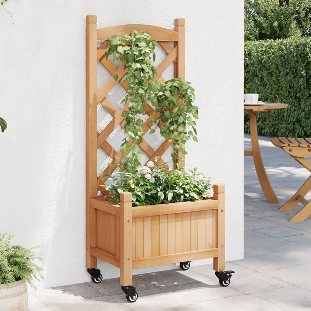 vidaXL Jardinera con enrejado y ruedas madera maciza de abeto marrón