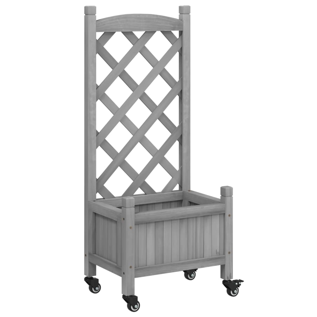 vidaXL Jardinera con enrejado y ruedas madera maciza de abeto gris