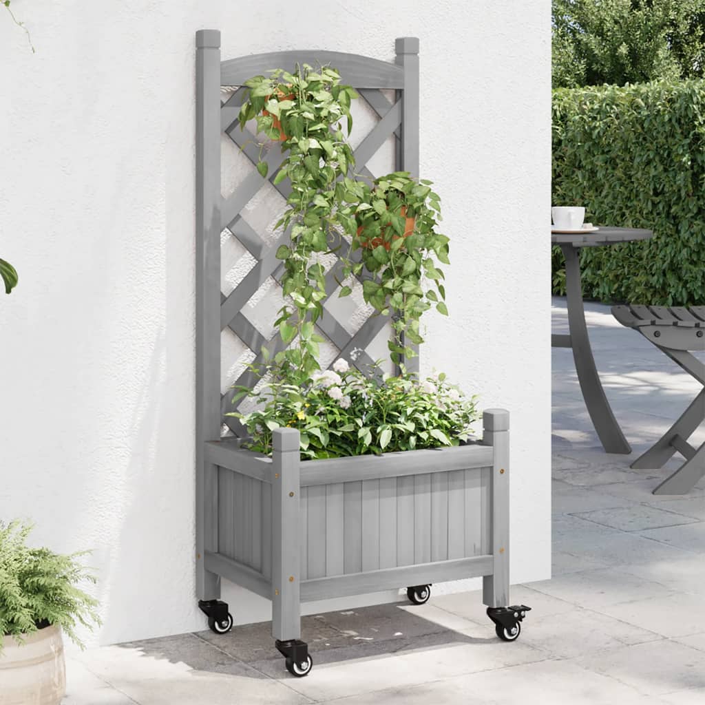 vidaXL Jardinera con enrejado y ruedas madera maciza de abeto gris