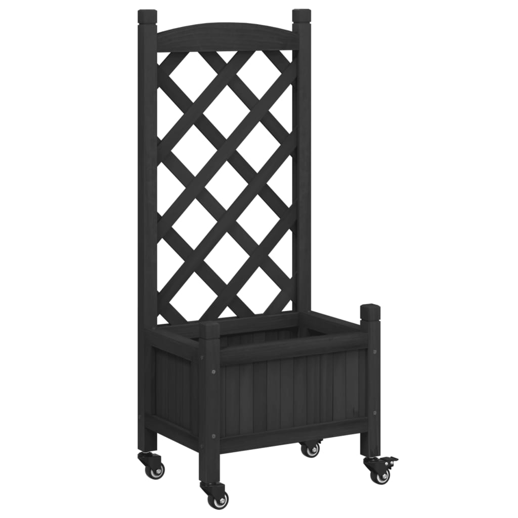 vidaXL Jardinera con enrejado y ruedas madera maciza de abeto negro