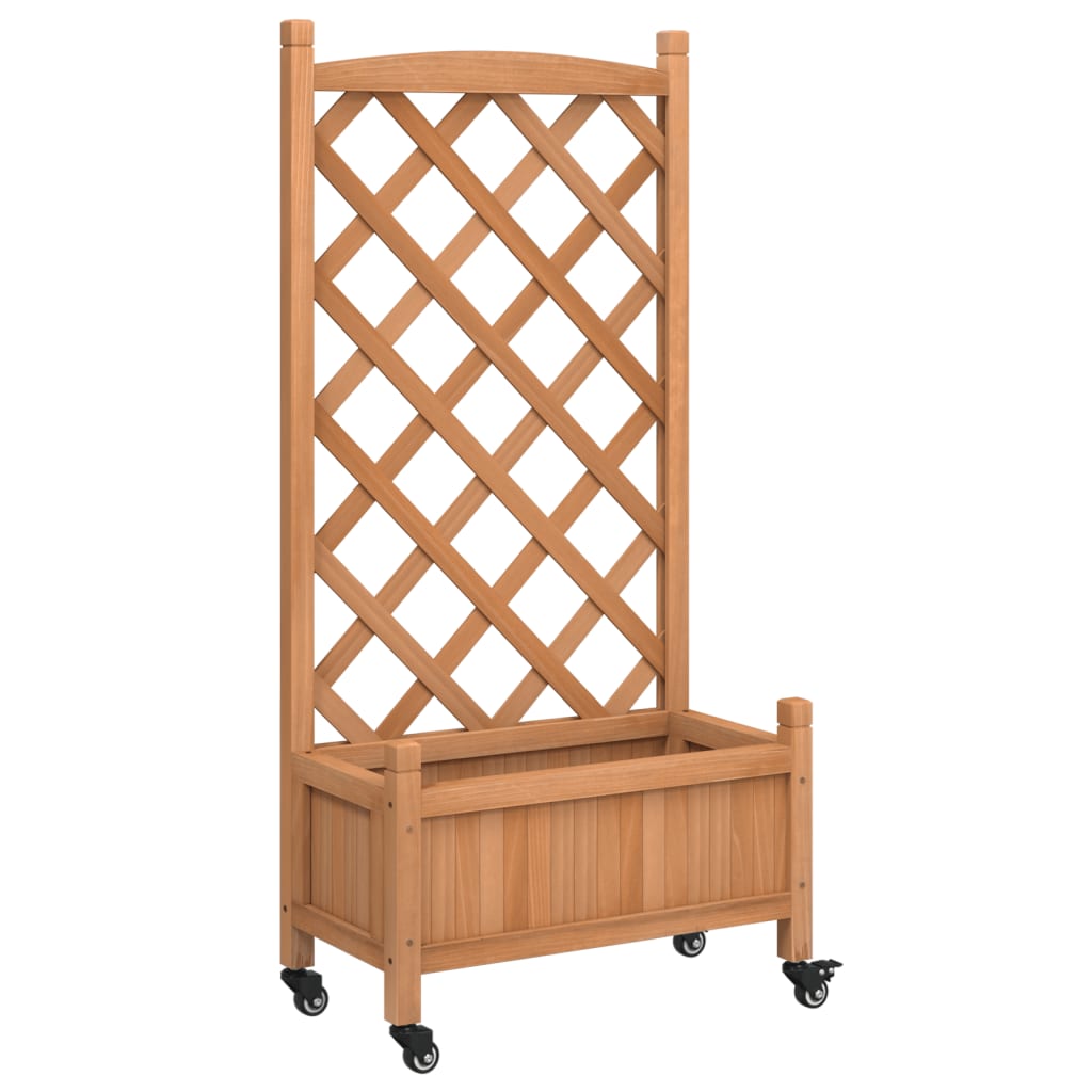 vidaXL Jardinera con enrejado y ruedas madera maciza de abeto marrón